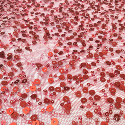 Tessuto da ricamo in pizzo paillettes rosso lucido